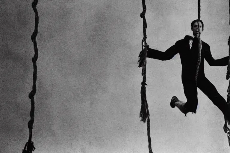 Prompt: photograph of a vampire nervously walking on a hanging rope trying to balance himself, wide shot