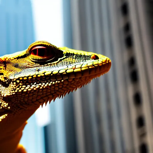 Prompt: a cute lizard in the middle of a busy street with skyscrapers, low angle camera, cinematic, very detailed, 4 k, depth of field