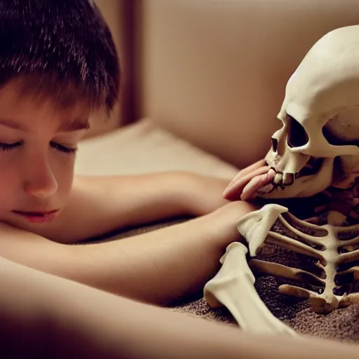 Image similar to a young boy is sleeping in his bed : : a skeleton is touching the boy's toe