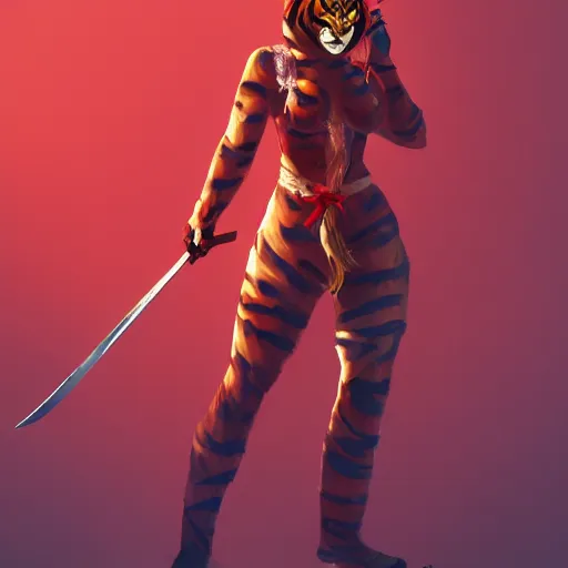 Image similar to a woman with tiger mask and a sword standing in front of a red background, concept art by evan jiang, senior character artist, artstation contest winner, vanitas, concept art, artstation hd, official art