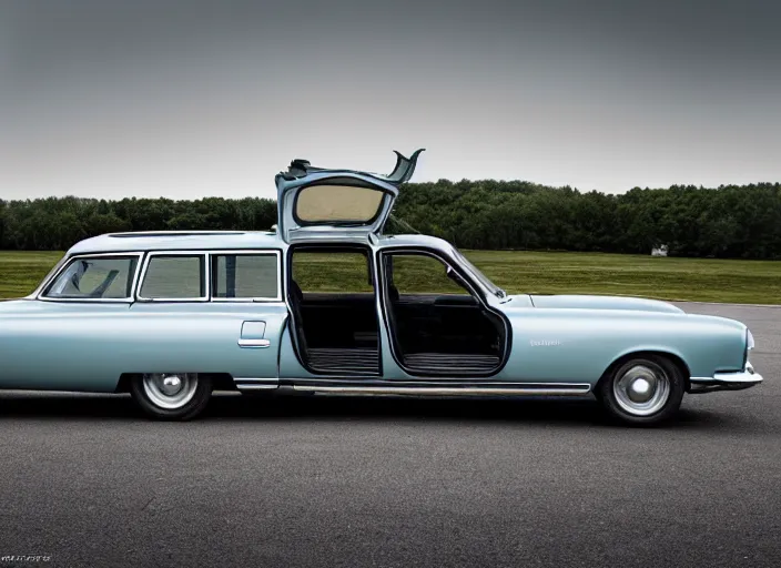 Image similar to photo still of a station wagon with open!!! gullwing doors!!! gullwing doors gullwing doors!!!, 8 k, 5 2 mm f 1 2