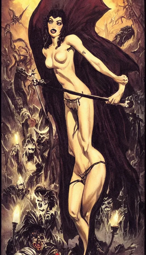 Image similar to carmilla vampire, gothic horror, by frank frazetta, candlelit catacombs, in the style of pulp magazine