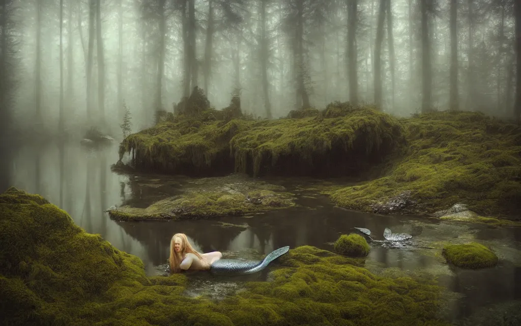 Image similar to mermaid on a rock in a pond in the middle of the forest, fir trees, moss, fog, dramatic atmosphere, highly detailed, cinematic lighting, perfect composition artem demura
