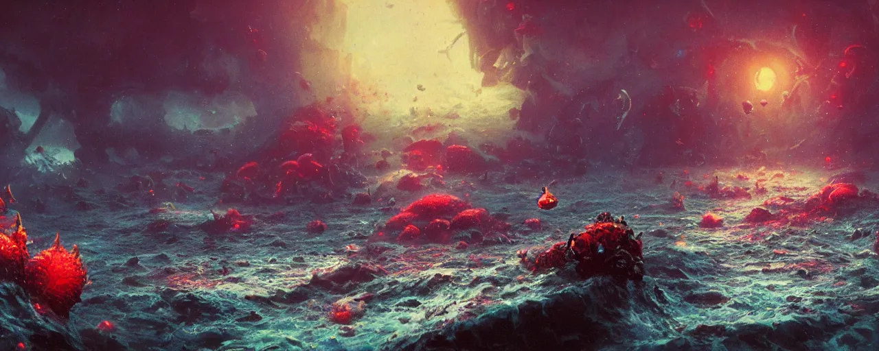 Image similar to ” ocean made of blood and rats, [ bubbles, by paul lehr, cinematic, detailed, epic, widescreen, opening, establishing, mattepainting, photorealistic, realistic textures, octane render ] ”