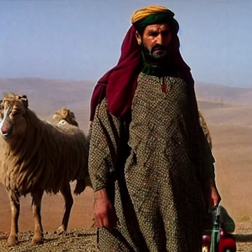 Image similar to Kurdish shepherd wearing Kurdish clothes in a movie directed by Christopher Nolan, movie still frame, promotional image, imax 70 mm footage