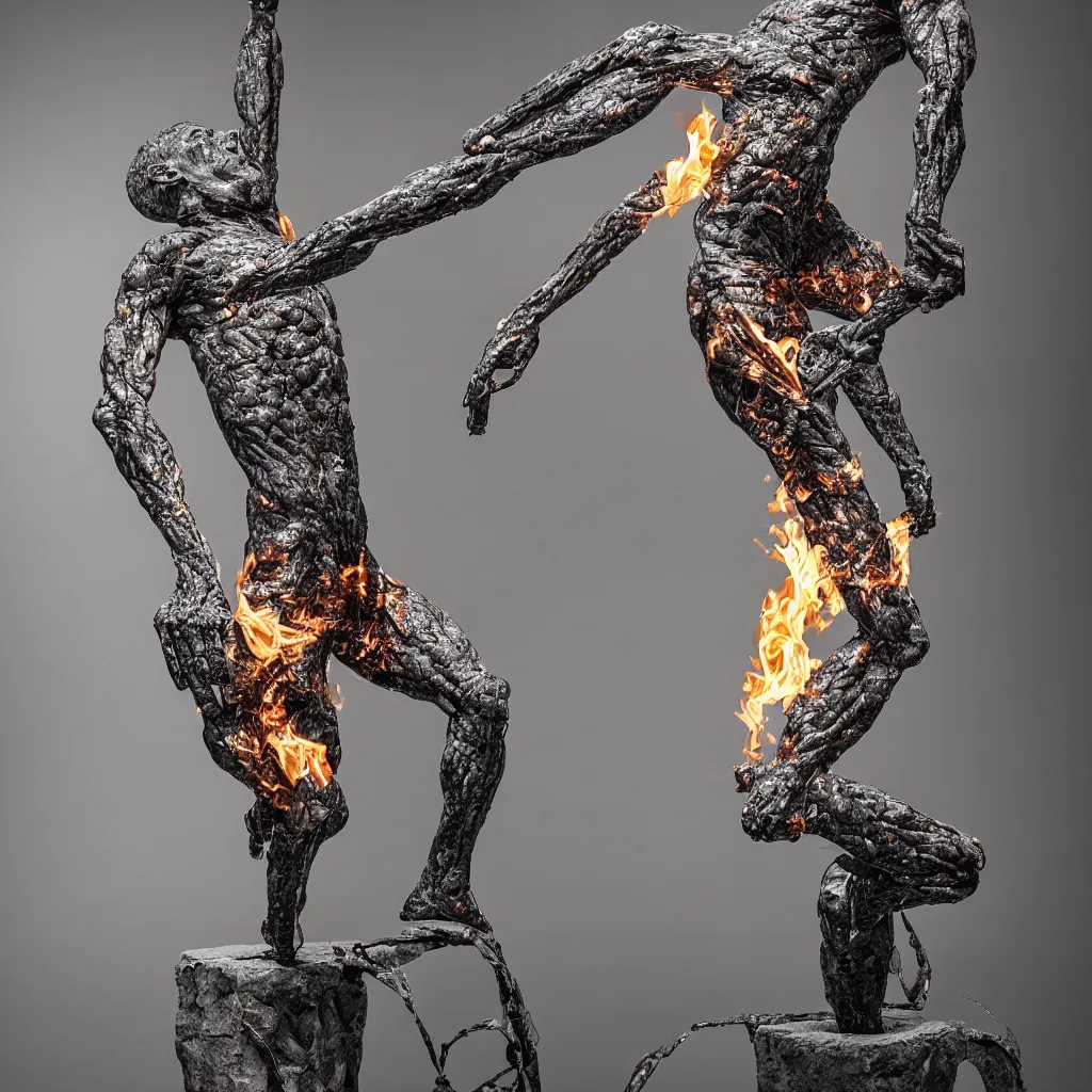 Prompt: a stunning hyper realist sculpture of a fractured man, made of iron rods, porcelain and flames. gravity defying and potentially lethal. 3 5 mm film iso 1 6 0 0 bright gallery lighting a million dollars in diamonds