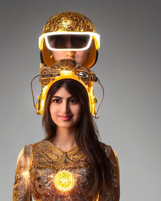 Image similar to centered medium shot fine studio photograph of a beautiful persian girl wearing a persian solarpunk electronic helmet with led lights decorated with golden ornaments, chest with mechanical parts, ultra-realistic, white background, 8k HDR dusk light, intricate detail