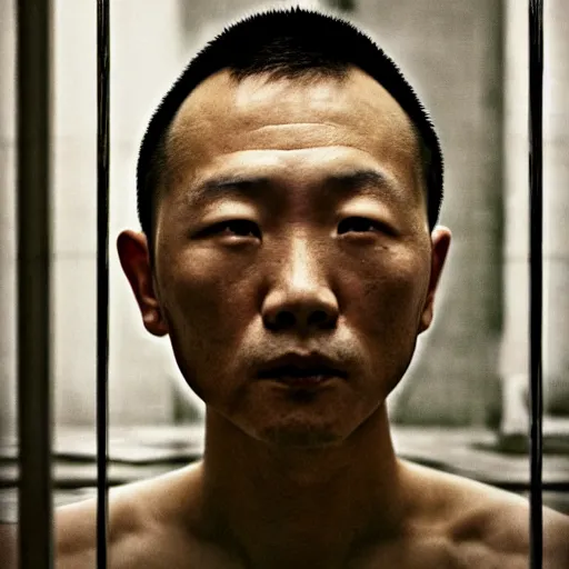 Image similar to a portrait of old justin sun in futuristic prison looking through the bars of his cell, by annie leibovitz, shallow depth of field, cinematic lighting