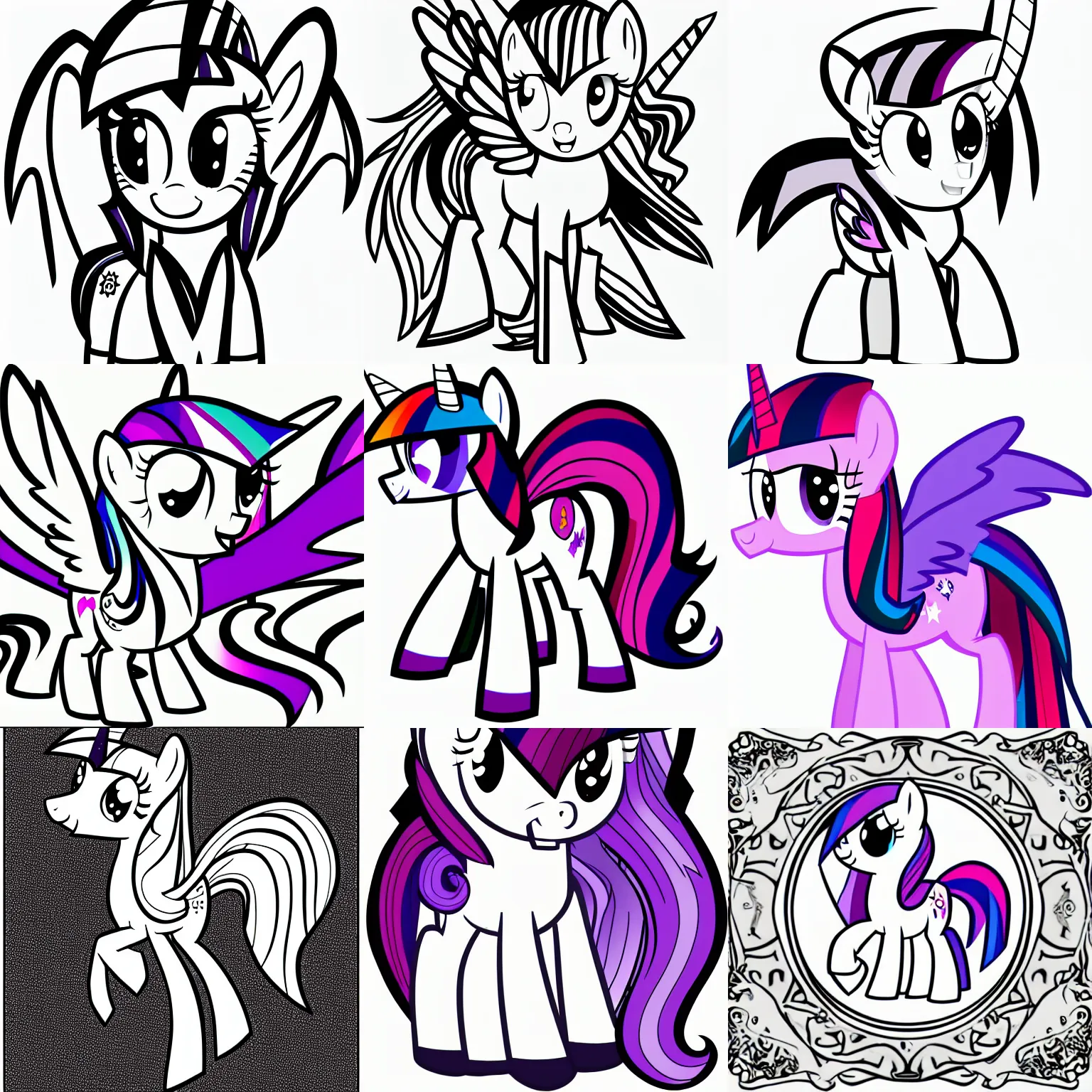 Prompt: Twilight Sparkle from My Little Pony: Friendship is Magic, uncolored black and white page from a coloring book, vector illustration, svg