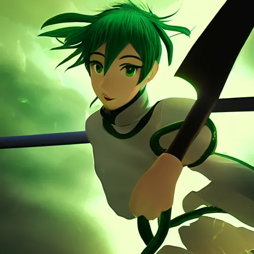 Image similar to anime fencer, green hair, cinematic lighting, animation, illustration