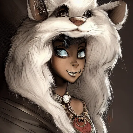 Image similar to headshot of young female furry, D&D, cute, fantasy, intricate, long hair, dark grey skin, mouse face, mouse nose, dark skin, mouse head, mouse ears, black hair, elegant, highly detailed, cartoony, artstation, concept art, smooth, sharp focus, illustration, art by Diives