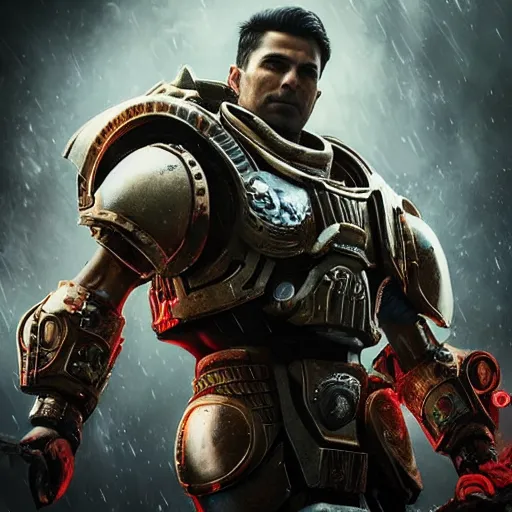 Image similar to Portrait of Mikel Arteta as the emperor of humanity from warhammer 40k in Gears of War, splash art, movie still, cinematic lighting, dramatic, octane render, long lens, shallow depth of field, bokeh, anamorphic lens flare, 8k, hyper detailed, 35mm film grain