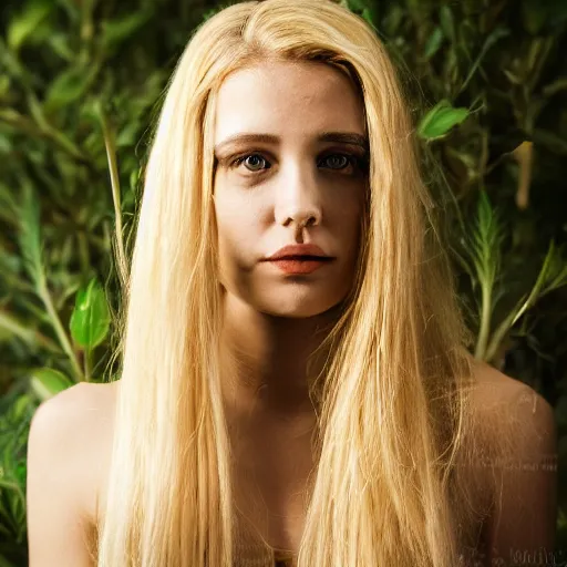 Prompt: a beautiful blond girl made from plants, full body shot, symmetrical face, pretty face, 8 k, shallow depth of field, moody lighting, cinematic lighting,