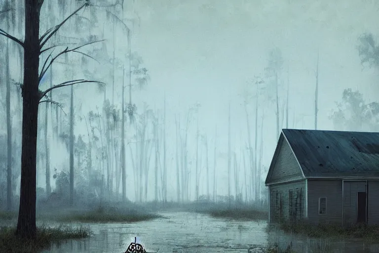 Image similar to scene from louisiana swamps, old protestant church with neon satanic pentagram, junkyard by the road, boy scout troop, voodoo artwork by tim eitel