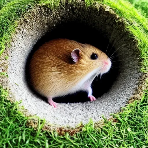 Prompt: “ little hamster in a hole in a golf terrain ”