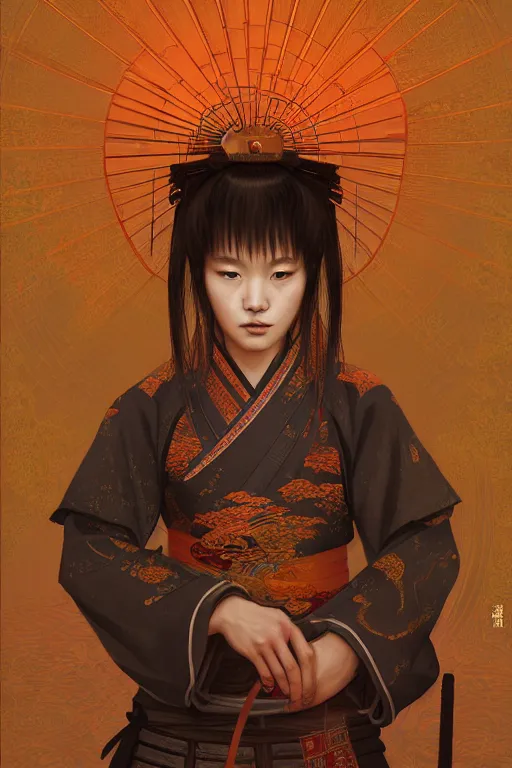 Image similar to portrait samurai warrior 4 girl, in ruin fire rainy honnoji temple night, ssci - fi and fantasy, intricate and very very beautiful and elegant, highly detailed, digital painting, artstation, concept art, smooth and sharp focus, illustration, art by tian zi and wlop and alphonse mucha