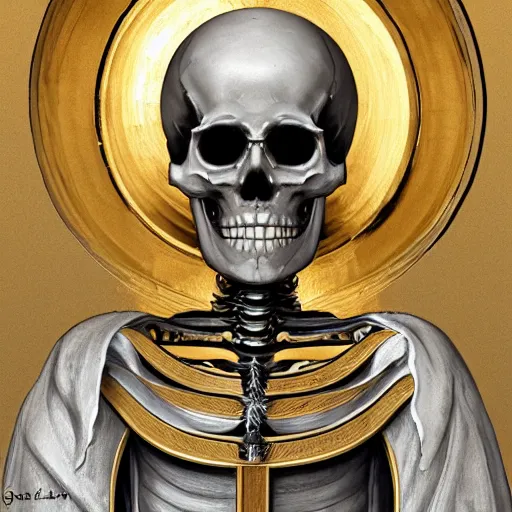 Prompt: a close up portrait of a skeleton dressed like a saint with a gold realistic aura in an old medieval church, 2d, ultra highly detailed, digital painting, smooth, sharp focus, artstation, pixiv, art by Ilya Kuvshinov
