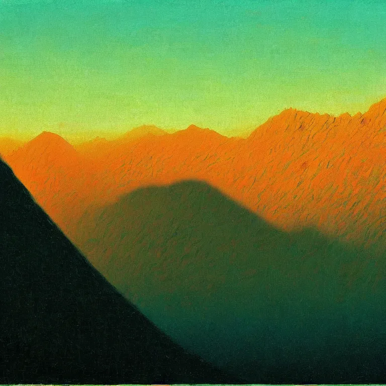 Prompt: caucaus mountains at dawn, arkhip kuindzhi painting, teal palette, impasto sun, pythagorean mysticism