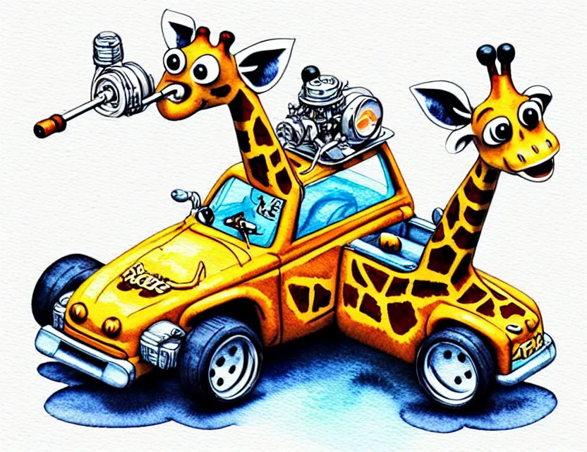 Image similar to cute and funny, giraffe riding in a tiny hot rod with oversized engine, ratfink style by ed roth, centered award winning watercolor pen illustration, isometric illustration by chihiro iwasaki, edited by range murata, tiny details by artgerm and watercolor girl, symmetrically isometrically centered