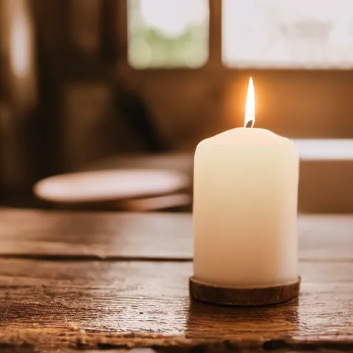 Prompt: a white candle on a wooden table. soft lighting