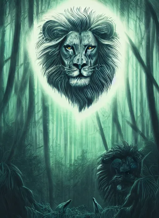 Prompt: portrait of a mythological beast with lion face and bird wings in the middle of a lush forest at night. diffuse neon light, dramatic landscape, fantasy illustration, matte painting