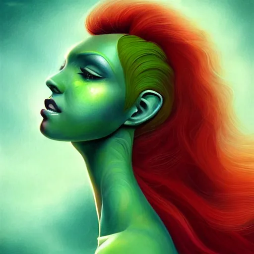 Prompt: an elegant Redhead Pleiadian alien human beautiful hybrid feminine woman, green skin, feminine face, long gorgeous red hair in loose curls, with stunning green eyes, cute face and a roundish nose, as a retrofuturistic heroine, face and body, gorgeous psychedelic digital painting, artstation, concept art, smooth, sharp focus, illustration, art by artgerm and donato giancola and Joseph Christian Leyendecker, Ross Tran, WLOP