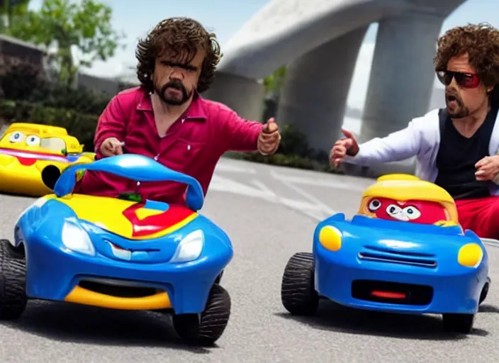 Image similar to peter dinklage racing emmanuel lewis driving a little tikes cars, movie still, from the new fast and furious movie, 8 k, realistic