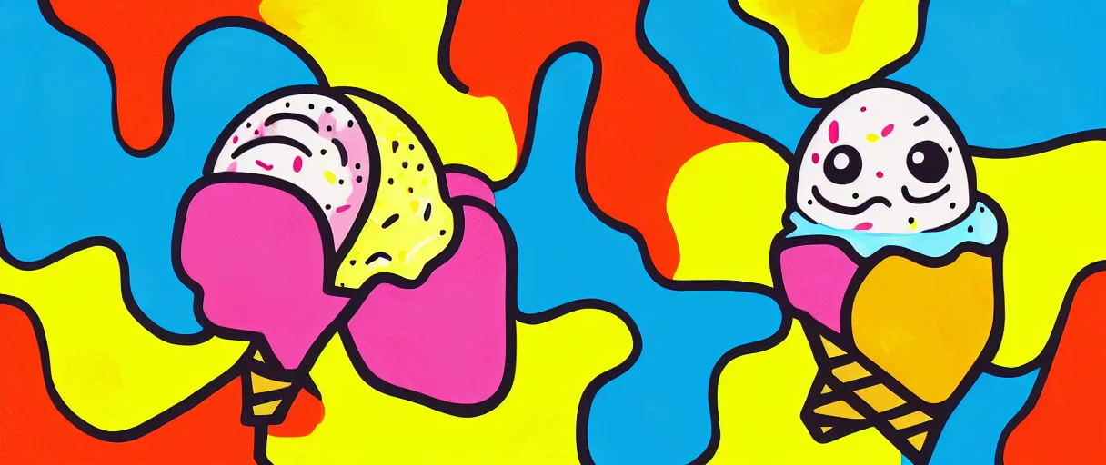 Image similar to popart supercute melting! multicolored ice cream jason limon digital painting dramatic yellow lighting high angle hd 8k sharp shallow depth of field