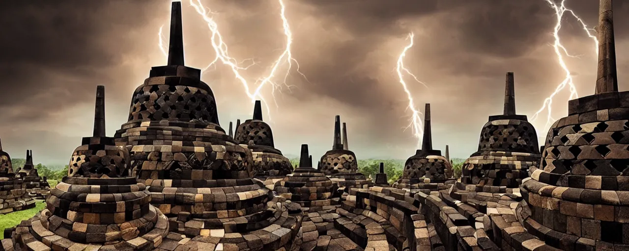 Prompt: most epic dramatic borobudur temple picture with eerie stormy night sky and lightnings. epic cinematic hyperrealism masterpiece. realistic poster with shaded lighting by craig mallismo, artgerm, jeremy lipkin and michael garmash, unreal engine, radiant light, detailed and complex environment, digital art, art station trends