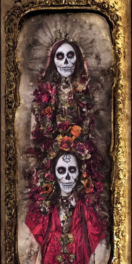 Image similar to tintype full body view, virgin mary in dia de muertos dress and make up, horrific beautiful vibe, evocative, atmospheric lighting, painted, intricate, highly detailed,