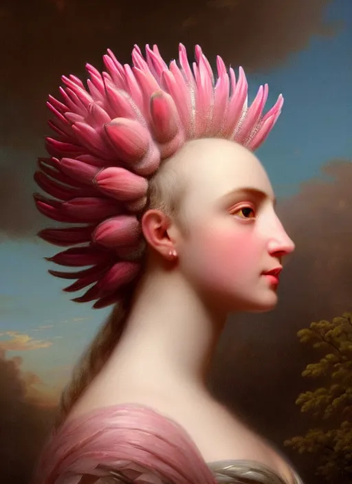 Prompt: stunning american godess princess, detailed pink and white protea head peace against a black backdrop by ivan aivazovsky, wlop, super sharp details, photorealism, canon 5 d, 5 0 mm lens, stunning photoshot, beautiful soft lighting, muted colours, artstation