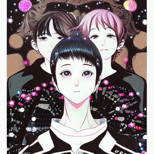 Prompt: ai yazawa cover illustration of very symmetrical portrait of teens in fruits magazine steetwear illustration of cute cool fashion worn in the far future with glowing led lights and plants, futuristic!!! haute couture fashion!!!!, nanotechnology and cybernetics!!! and solar power and prosthetic, detailed elegant manga illustration intaglio