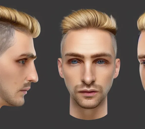 Image similar to hyper realistic portrait of a man with blonde two sides hair and thin face lines