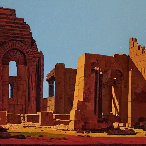 Prompt: gouache painting of the ruins of Tharbad, by Angus McBride, beautiful composition