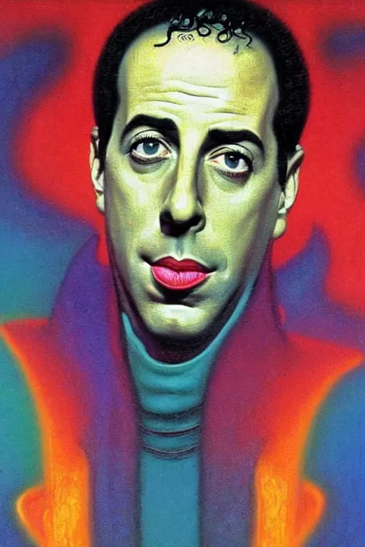 Image similar to 8 0 s art deco close up portait of jerry seinfeld, rain like a dream oil painting curvalinear clothing cinematic dramatic cyberpunk textural fluid lines otherworldly vaporwave interesting details fantasy lut epic composition by basquiat zdzisław beksinski james jean artgerm rutkowski moebius francis bacon gustav klimt