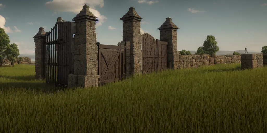 Prompt: Render of a large scale field landscape. single gate as centerpiece. Stylized. Digital art. Medieval. Highly detailed. Unreal engine 5. 8k. Evocative.