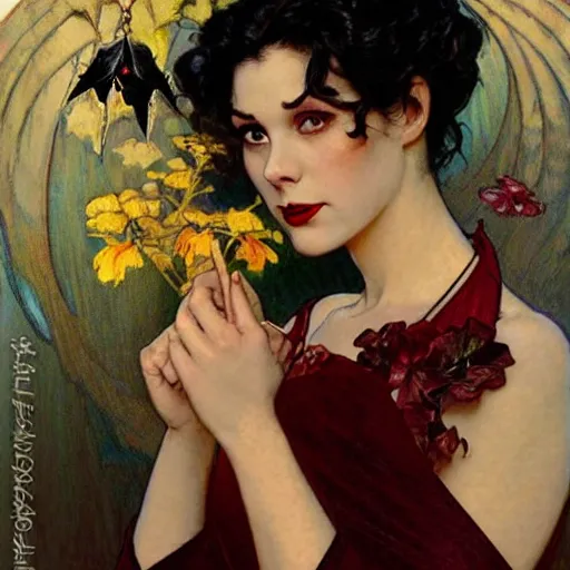 Prompt: portrait of a very beautiful vampire, top half of body, pensive expression, by Stanley Artgerm Lau, greg rutkowski, thomas kindkade, alphonse mucha, loish, norman rockwell, J. C. Leyendecker. dark black hair, pale skin, detailed eyes, red lips. framed by black flowers. dark, scary, eldritch horror. rule of thirds extremely detailed illustration hd 4k