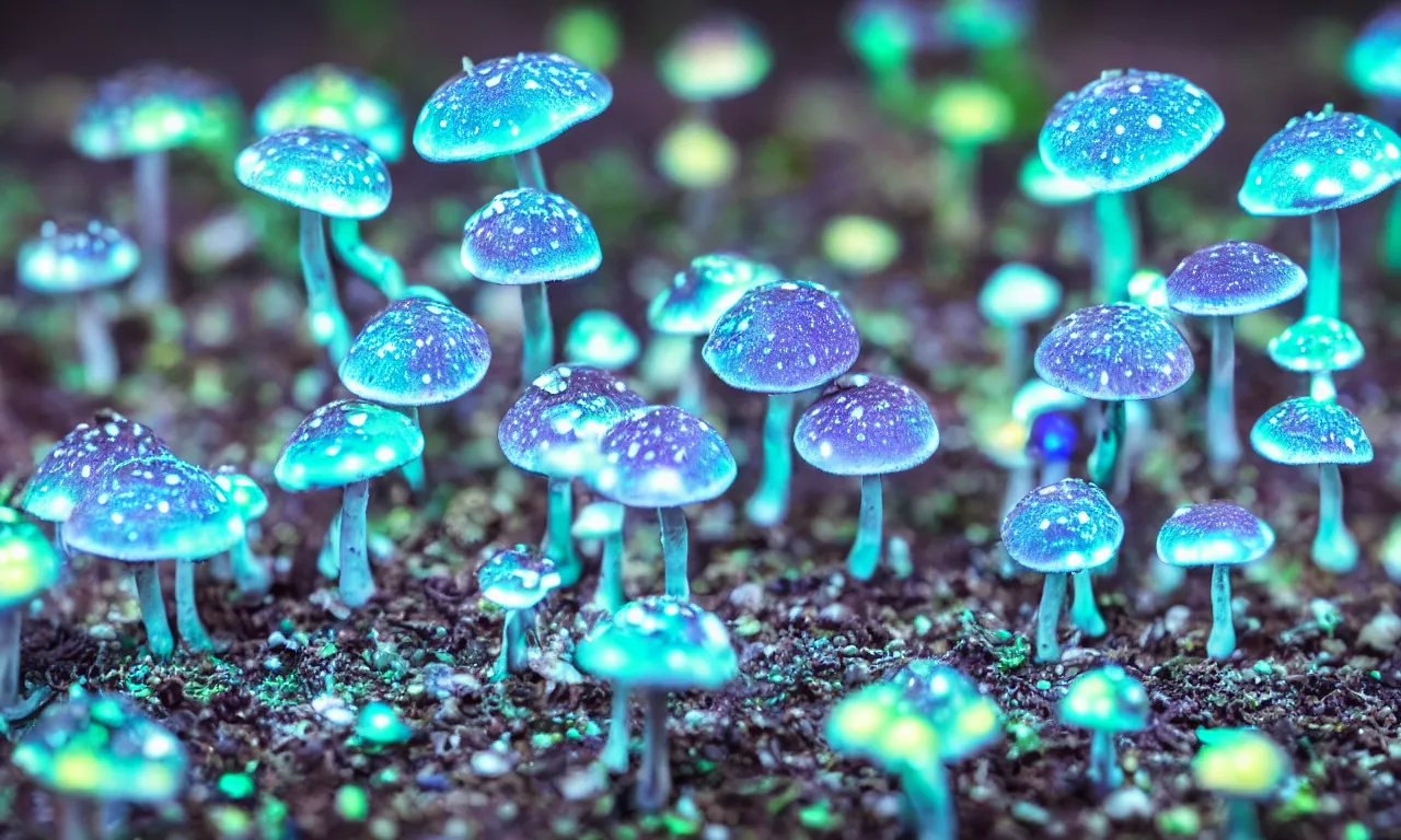 Image similar to a macro shot of bioluminescent mushrooms mushrooms, dof, 4k, bokeh, acid pixie acid pixie, mystic hues