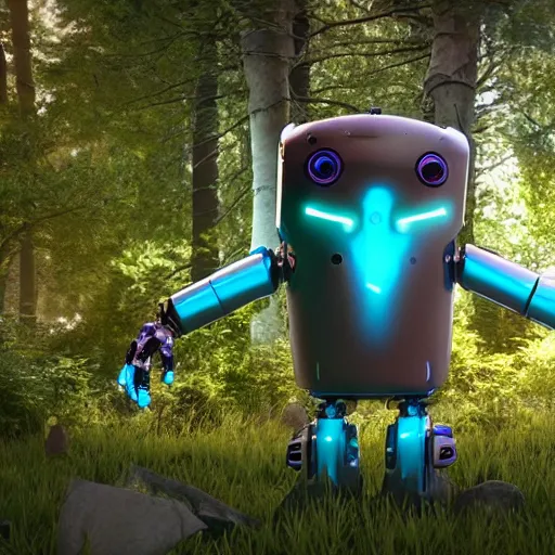 Prompt: incredible And fantastic android Robot boy trying to touch a butterfly in the forest and the animals around him surround him, with a beautiful aura in the atmosphere, hyper realistic with many details, cinematographic, Octane Renderizado, unreal engine 5, cinema4D