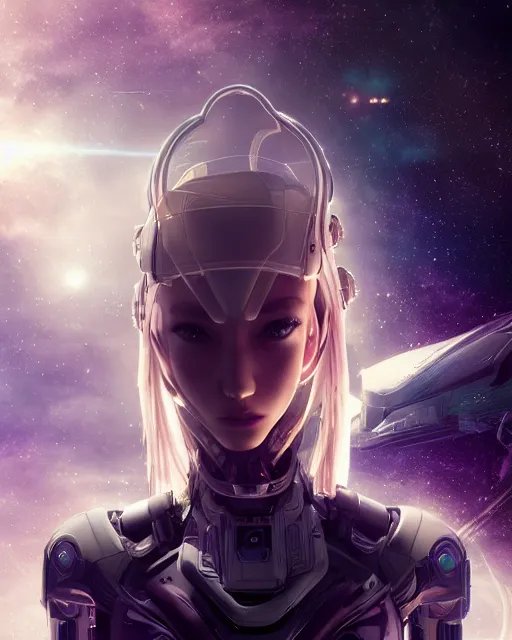 Image similar to photo of a android girl on a mothership, warframe armor, beautiful face, scifi, nebula, futuristic background, galaxy, raytracing, dreamy, focused, sparks of light, pure, long white hair, blue cyborg eyes, glowing, 8 k high definition, insanely detailed, intricate, innocent, art by akihiko yoshida, li zixin, woo kim