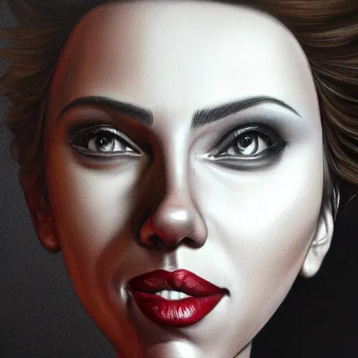 Prompt: funny caricature painting of scarlett johansson, closeup of face, drawing by mahesh nambiar, archille superbi, carola rubio, artstation