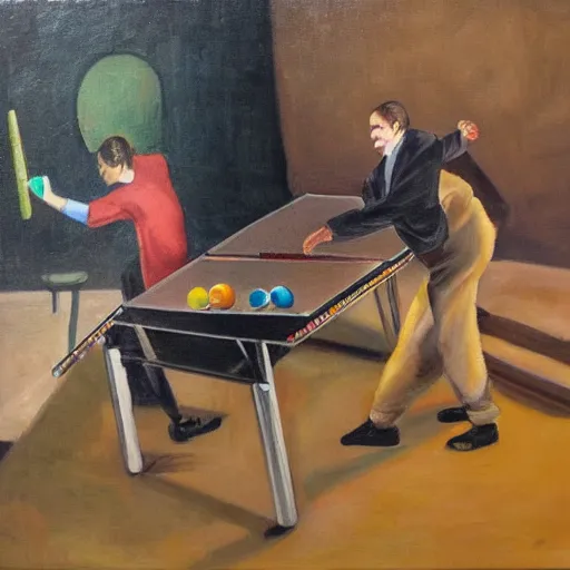 Prompt: Dos gatos chugant al ping pong sobre un fondo carbaza, oil painting