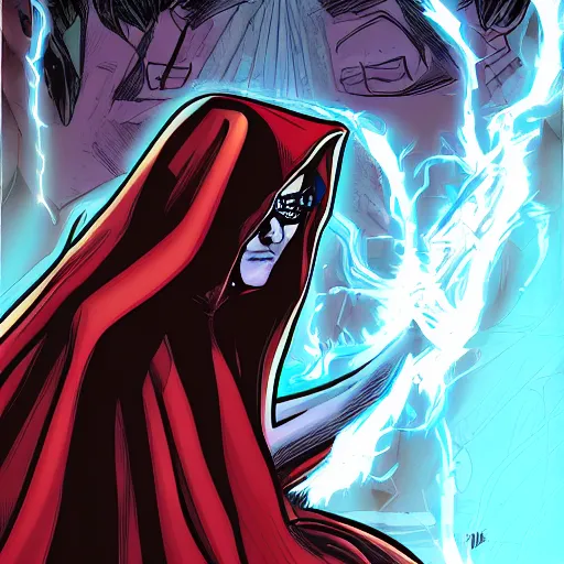 Image similar to A comic book cover page of a cloaked mage, digital art, comic book, detailed