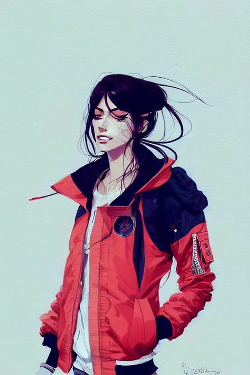 Image similar to a ultradetailed beautiful painting of a stylish woman wearing a bomber jacket, by conrad roset, greg rutkowski and makoto shinkai trending on artstation