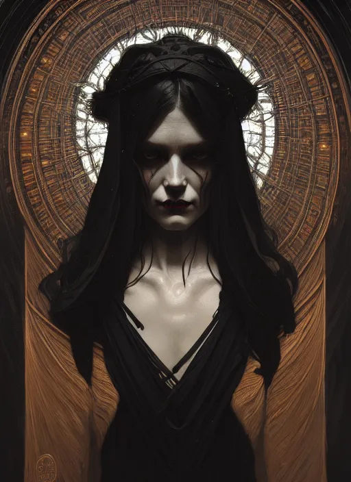Prompt: symmetry!! portrait of a witch, horror, dark moody lights!! intricate, scary, highly detailed, digital painting, artstation, concept art, smooth, sharp focus, illustration, art by greg rutkowski and alphonse mucha