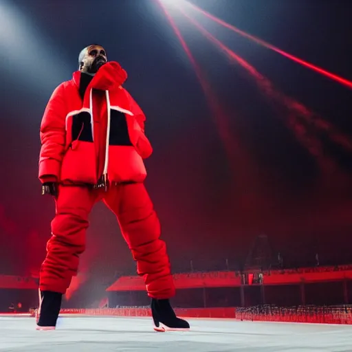 Prompt: kanye west wearing a red puffer jacket and red pants, standing in a stadium, white light shining on him