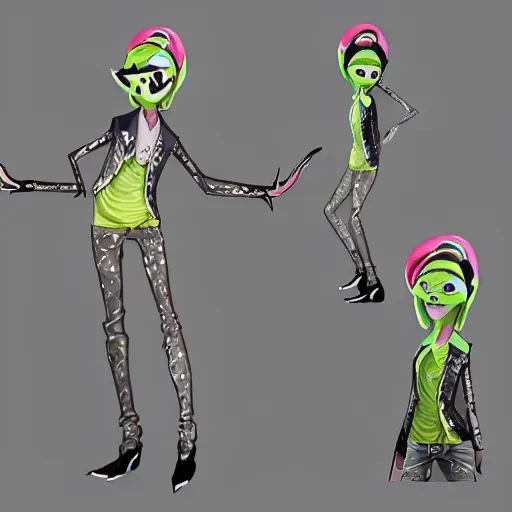 Image similar to character design sheets for a fashionable nonbinary androgynous gothic manta ray humanoid person with manta ray arms who sells empty spray paint cans as a scam and is always covered in paint and acting shady, designed by splatoon nintendo, inspired by tim shafer psychonauts 2 by double fine, cgi, professional design, gaming