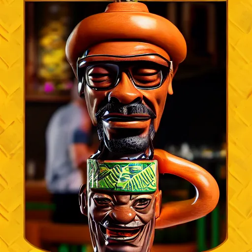 Image similar to a photorealistic photograph of a Trader Vic's tiki mug featuring Snoop Dogg at a Tiki bar - Trending on Artstation, featured on Behance, well-rendered, Unreal Engine, 4K HD