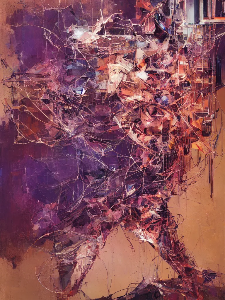 Image similar to a beautiful glitched abstract geometric painting by robert proch and robert heindel of an anatomy study of a mechanical nervous system on spinal structure, color bleeding, pixel sorting, copper oxide and rust materials, brushstrokes by jeremy mann, cold top lighting, pastel purple background