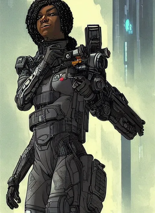 Prompt: maria igwe. apex legends cyberpunk spy in stealth suit. concept art by james gurney and mœbius. gorgeous face.